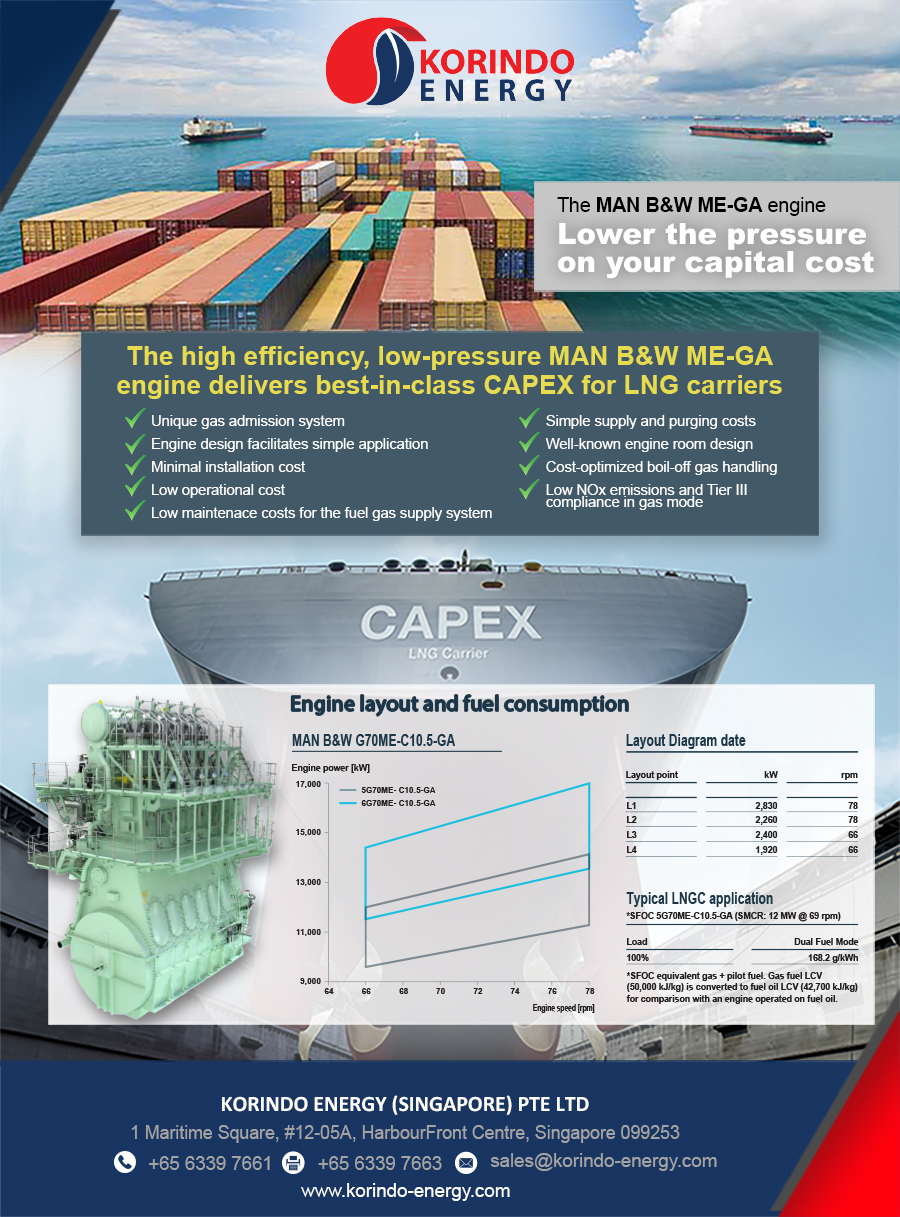 Two-stroke MAN B&W G70ME-C10.5-GA dual-fuel engine tailored to LNG carriers.